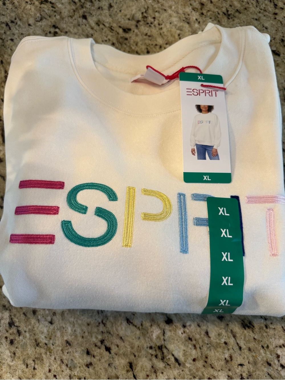 Esprit White Crewneck with Multicolor Embroidered Logo